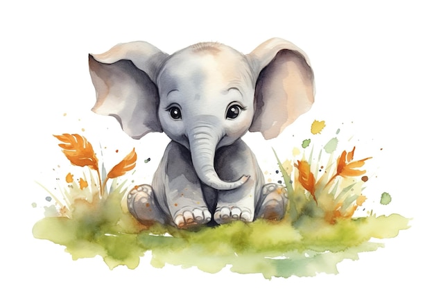 Cute baby elephant sitting on the grass with leaves painted in watercolor on a white isolated background Generative AI
