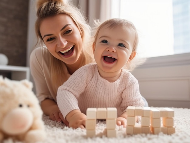 Cute baby enjoying with her mom Generative AI