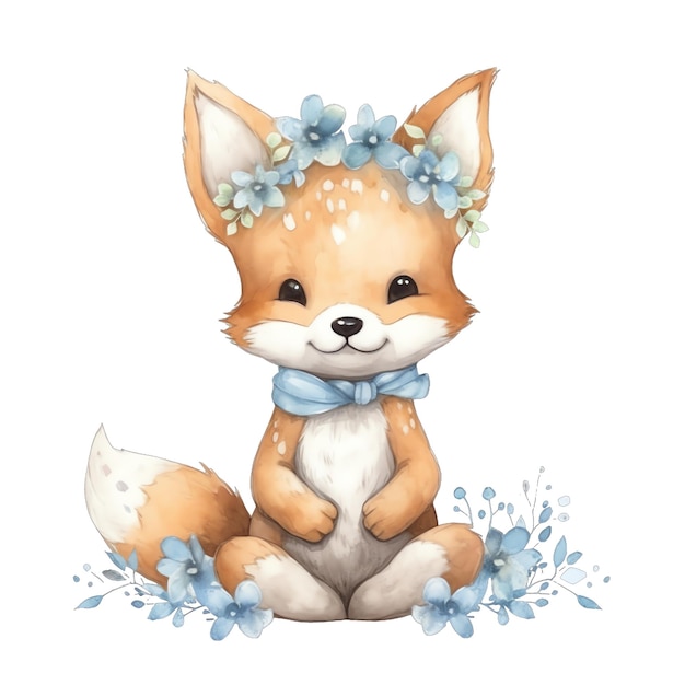 Cute baby Floral fox watercolor illustration