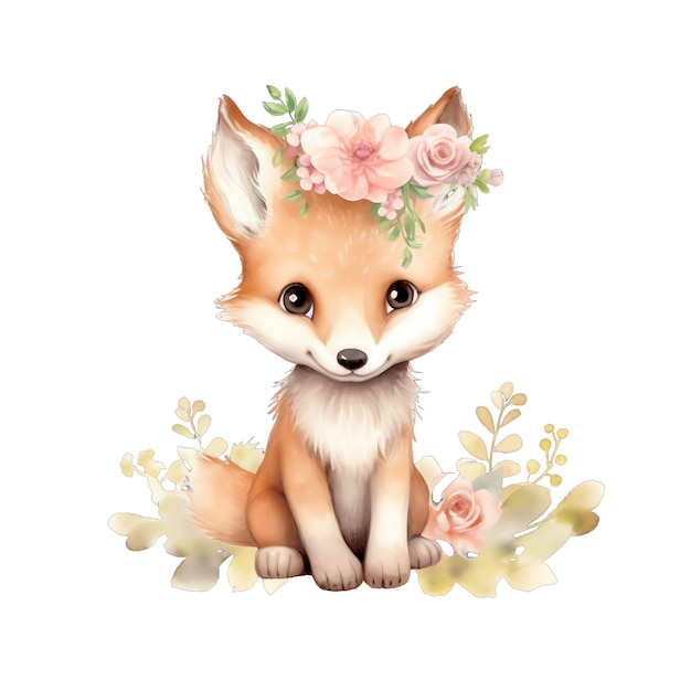 Cute baby Floral fox watercolor illustration