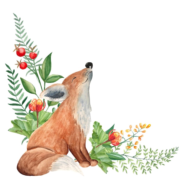 Cute baby fox cloudberry green branches red berries and wildflowers corner composition watercolor