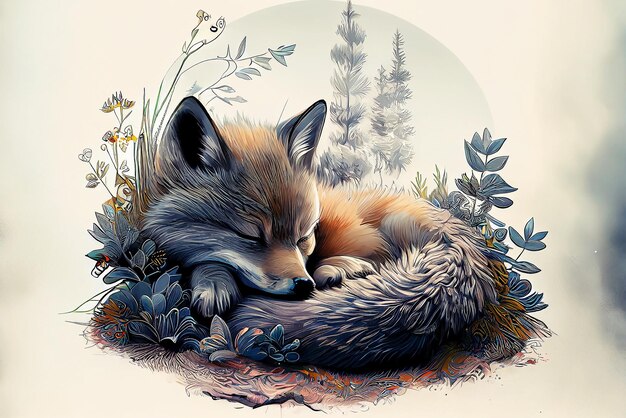 Cute baby fox sleeping oil painting