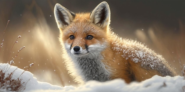 Cute baby fox in snow winter seasonal theme Generative Ai