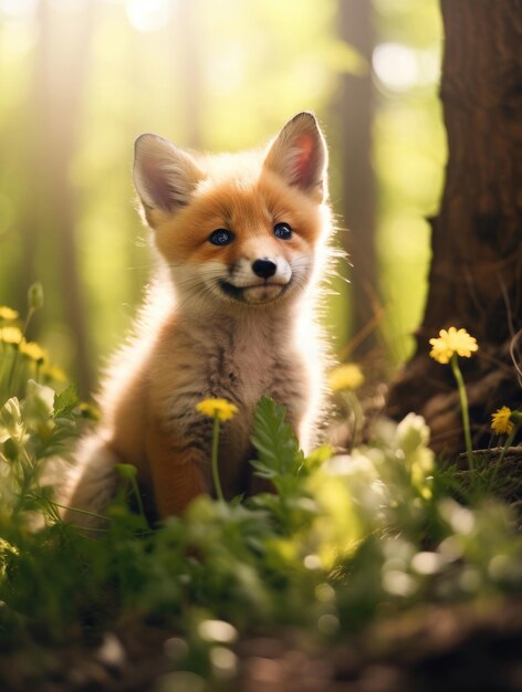 Cute baby fox in the summer forest