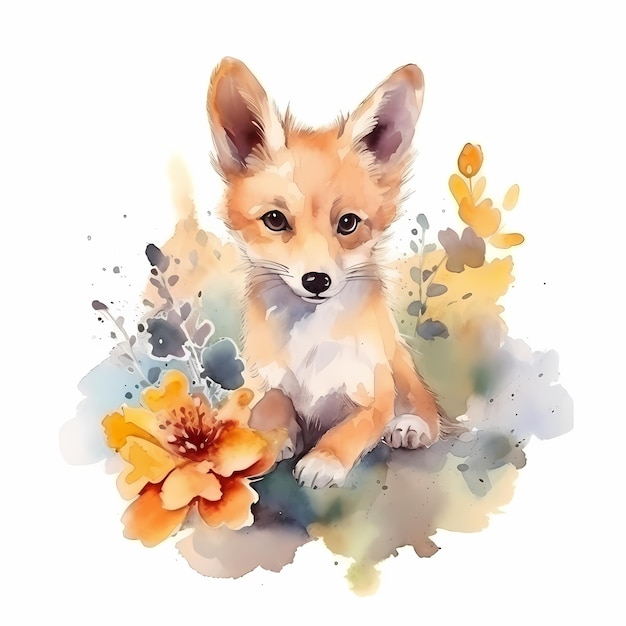 cute baby fox Watercolor animal Isolated on white background