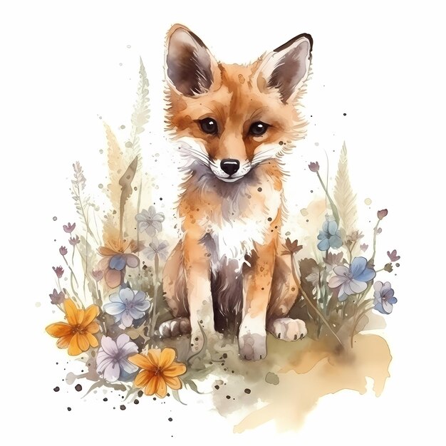 cute baby fox Watercolor animal Isolated on white background