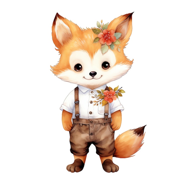 Cute baby Fox with clothes watercolor illustration