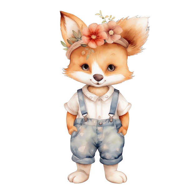 Cute baby Fox with clothes watercolor illustration