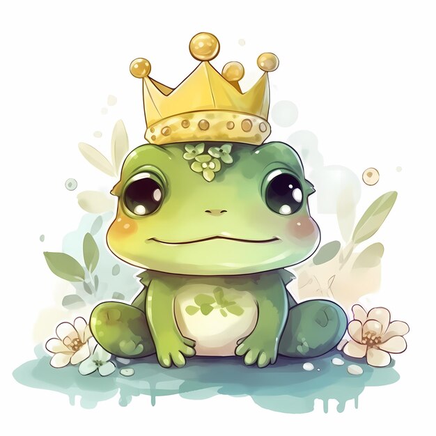 Photo cute baby frog character animal wearing crown watercolor style