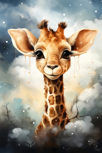 Cute baby giraffe cartoon in watercolor style AI Generative