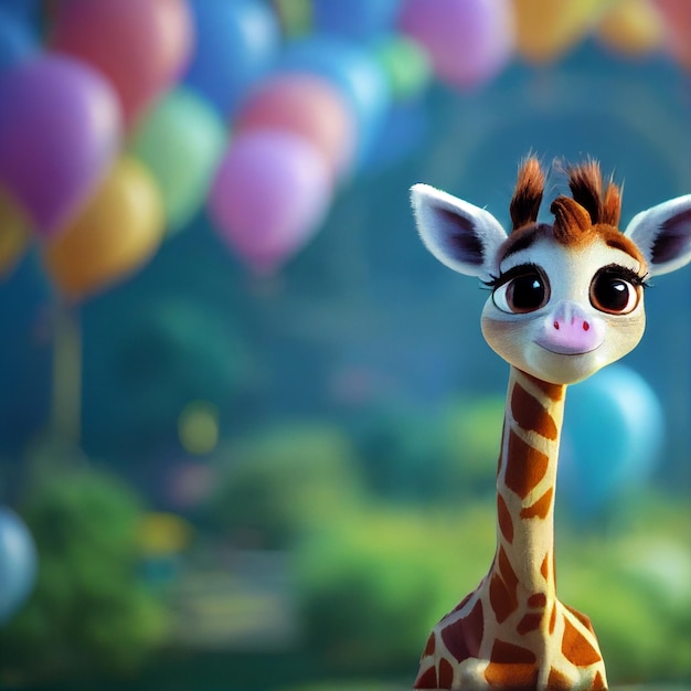 Cute baby giraffe with balloons happy birthday greeting card 3D rendering cartoon