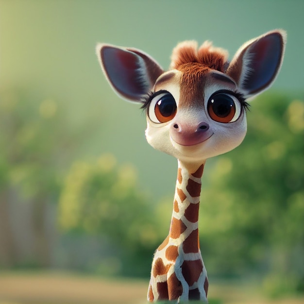 Cute baby giraffe with big eyes lovely little animal 3D rendering cartoon character