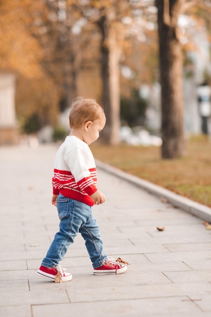 Cute baby girl 12 year old wearig casual stylish cloth walk in autumn park with fallen leaves outdoor Childhood