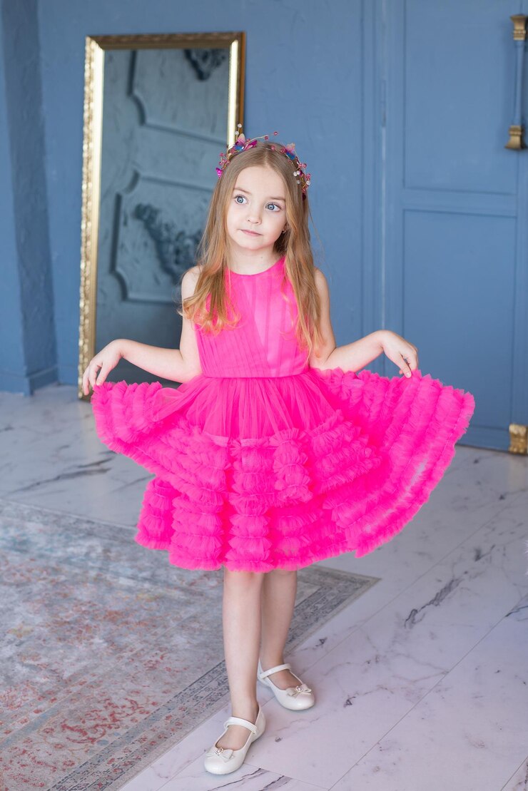 cute baby girl in a beautiful pink dress at a party or wedding