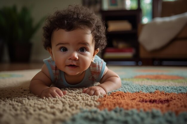 Cute baby girl crawling on a carpet in the living room