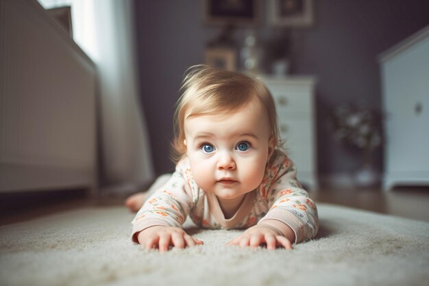 Cute baby girl crawling on the floor and looking at the camera Generative AI