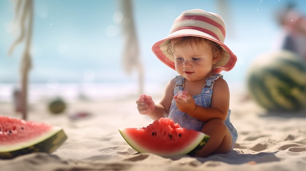 Foto bambina carina che mangia anguria in spiaggia ai generativa