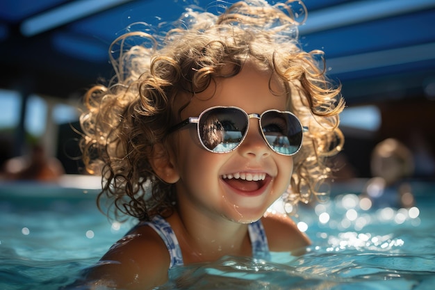 Cute baby girl enjoying in swimming pool with sunglass Smiley Girl in swimming pool