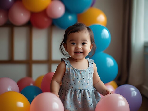 Photo cute baby girl play with colorful balloons in birthday party play room in home