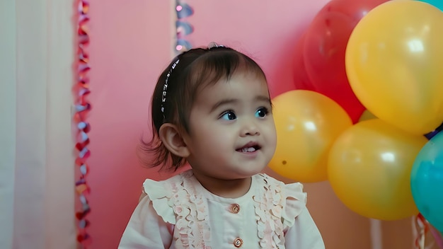 Photo cute baby girl play with colorful balloons in birthday party play room in home