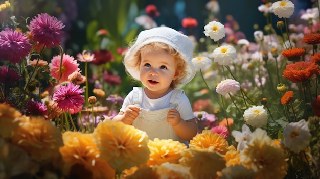 Photo cute baby girl playing in flower garden