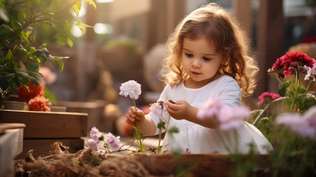 Cute baby girl playing in flower garden