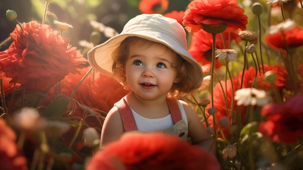 Cute baby girl playing in flower garden