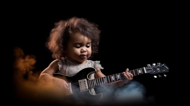 cute baby girl playing guitar and smoke with black background