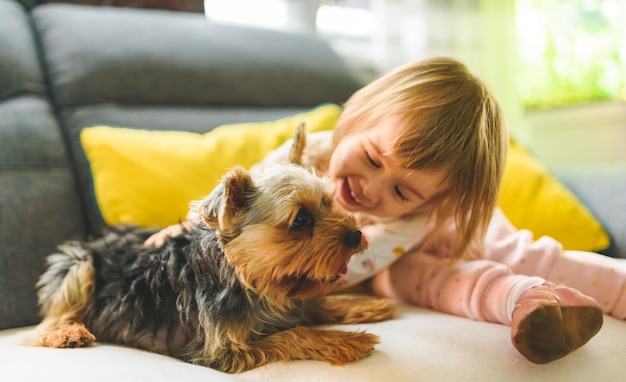 Cute baby girl playing with puppy sitting on sofa at home