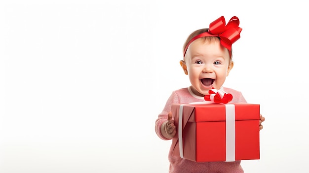 흰색 배경에 선물 상자를 들고 있는 귀여운 아기 소녀
