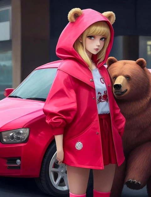 Cute baby girl with pink as red car