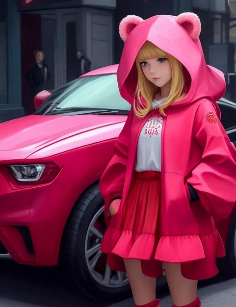 Cute baby girl with pink as red car