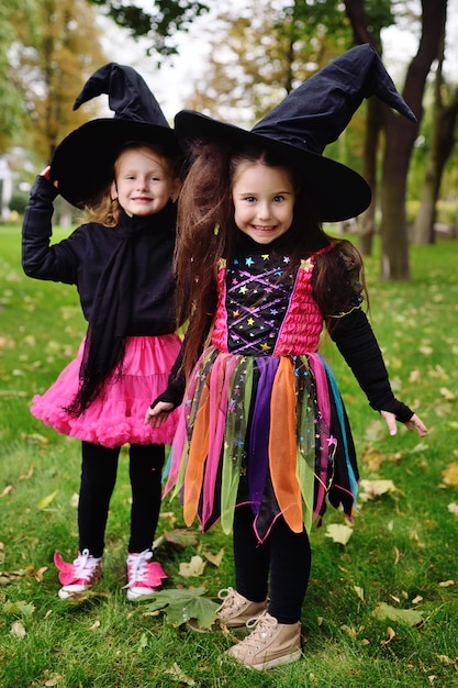 Cute baby girls in Halloween costumes and big black witch hats during Halloween celebrations in the park