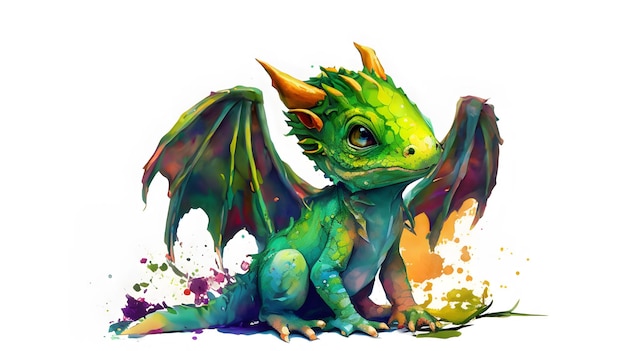 Милый маленький зеленый дракон сидит в изоляции на белом генеративном ИИ.