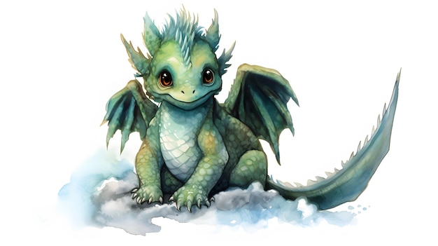 Cute Baby Green Dragon Sitting isolated on white Generative AI