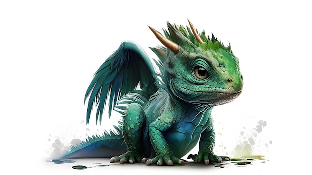 Cute Baby Green Dragon Sitting isolated on white Generative AI
