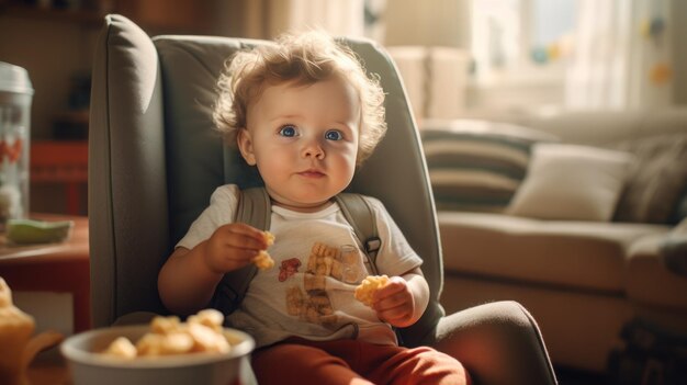 Cute baby happy with eating in the living room