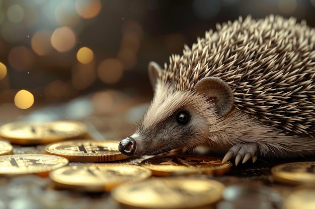 A cute baby hedgehog is sitting on a pile of golden bitcoins