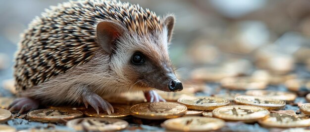 Photo a cute baby hedgehog is sitting on a pile of golden coins