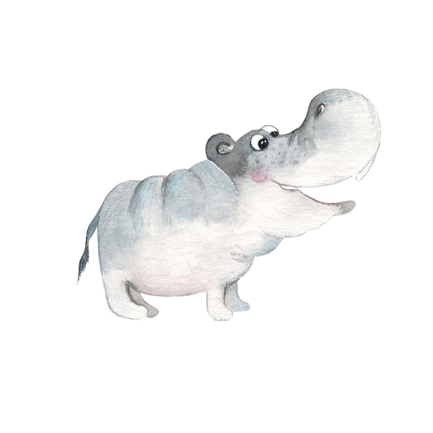 Photo cute baby hippo isolated on white background watercolor hand drawn illustration