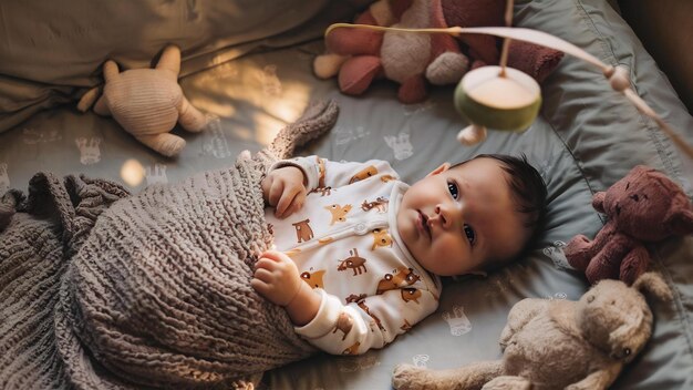 Photo cute baby at home in bed