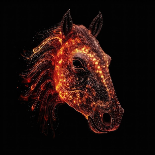 Photo cute baby horse face shape in red fire on black background generative ai