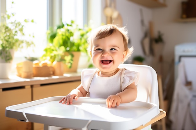 a cute baby is sitting in a high chair in the kitchen eating Baby food