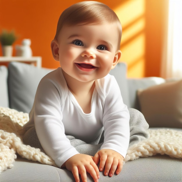 cute baby is smiling and sitting on a couch