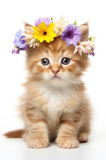 cute baby kitty cat with crown of many flowers looking at camera isolated on white background