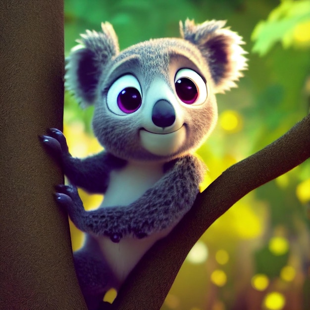 Cute baby koala in natural habitat australian animal 3D rendering cartoon illustration