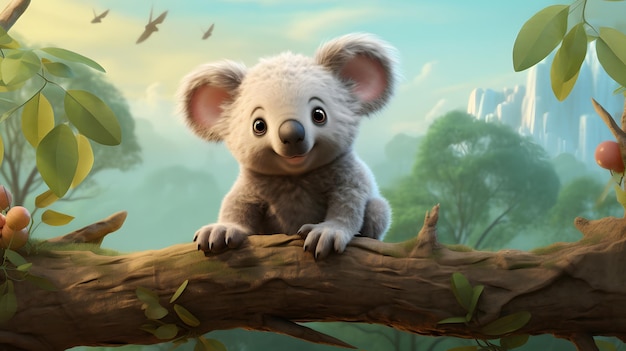 A cute baby koala perched on a tree branch