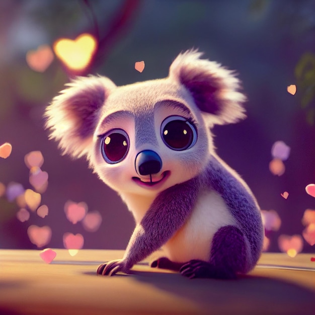 Cute baby koala with hearts love valentine's day greeting card 3D rendering cartoon illustration