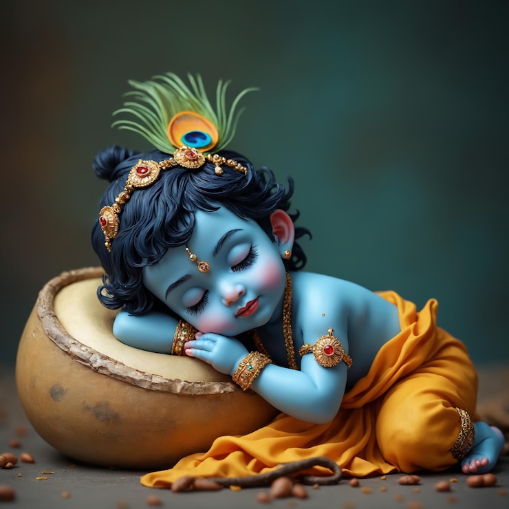 Photo cute baby krishna with peacock feathers hindu god lord krishna