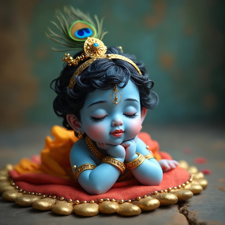 Photo cute baby krishna with peacock feathers hindu god lord krishna